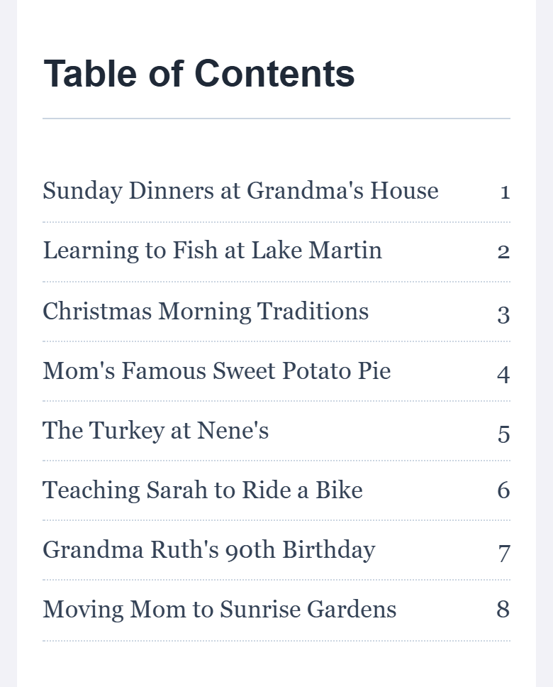 The book's table of contents, eight stories, starting with Sunday Dinners at Grandma's House.