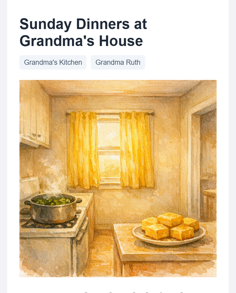 The first story, Sunday Dinners at Grandma's House, with its watercolor of Grandma Ruth's kitchen.