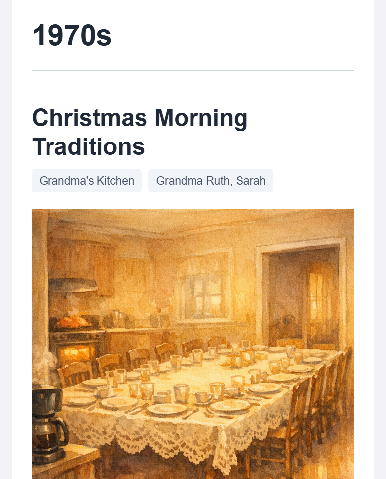 The fourth story, Christmas Morning Traditions, with its watercolor of Grandma Ruth's Christmas table.