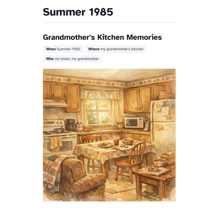 Sample memoir story page: Grandmother's Kitchen Memories, Summer 1985, with AI-generated watercolor illustration