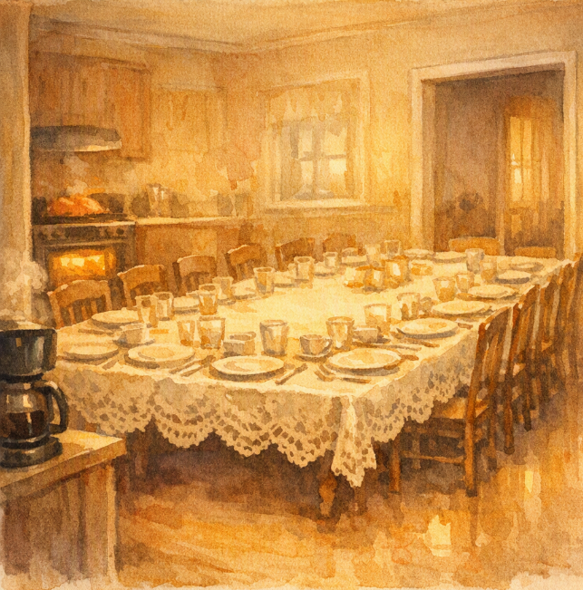 Watercolor illustration: a long Christmas table with a lace cloth, set for the family in a warm kitchen.