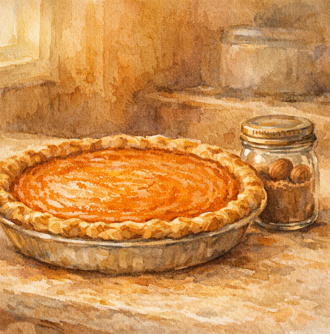 Watercolor illustration: a sweet potato pie beside a small jar of nutmegs.