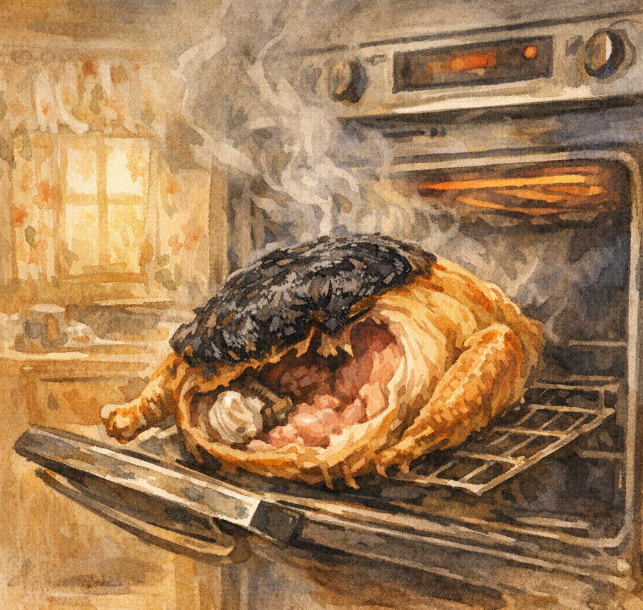 Watercolor illustration: a burnt turkey smoking in an open oven.