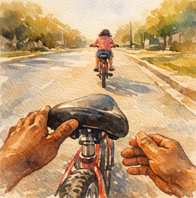 Watercolor illustration: hands steadying a bicycle seat as Sarah rides ahead down a tree-lined street.