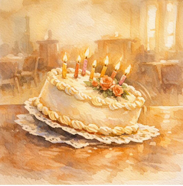 Watercolor illustration: a birthday cake with lit candles on a lace cloth.