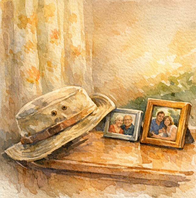 Watercolor illustration: a fishing hat and framed family photographs arranged on a nightstand.