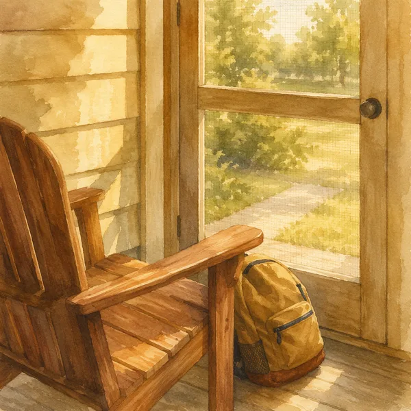 Watercolor sketch of a family on a front porch, drawn by Recall Aid from one typed sentence