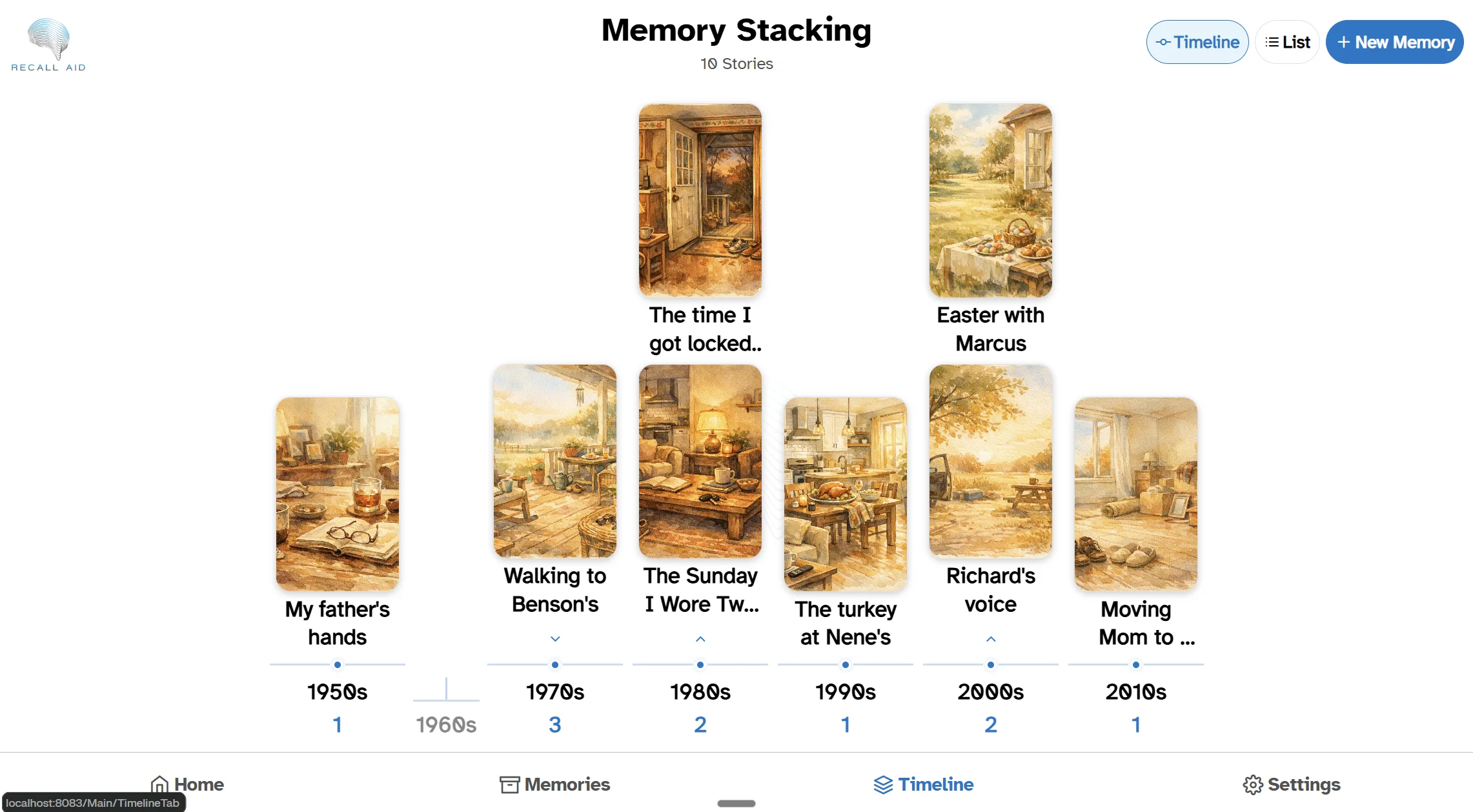 Memory Stacking timeline showing 18 preserved memories organized chronologically from the 1950s through the 2010s