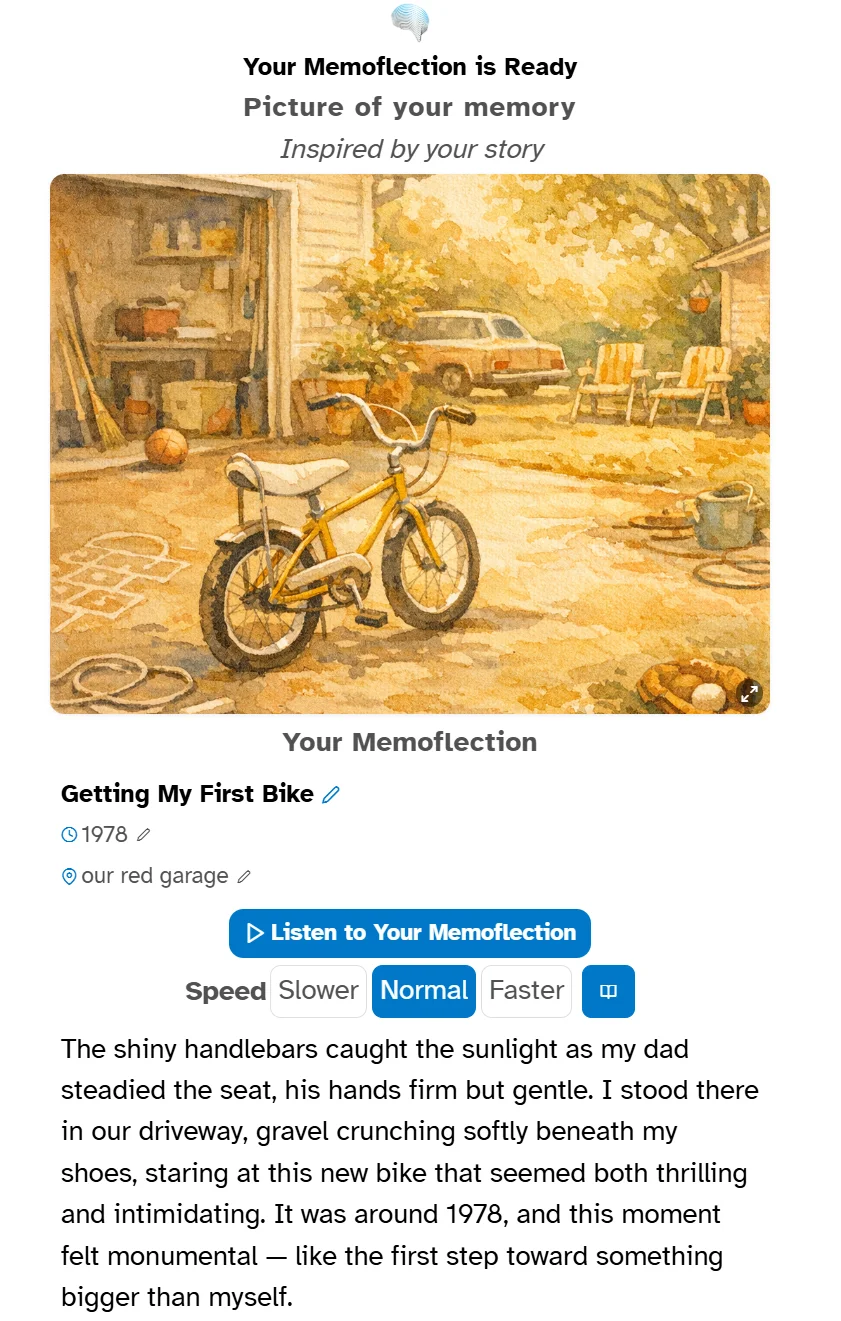Memoflection result: Getting My First Bike — AI-generated watercolor illustration with written narrative, showing how Recall Aid preserves a memory