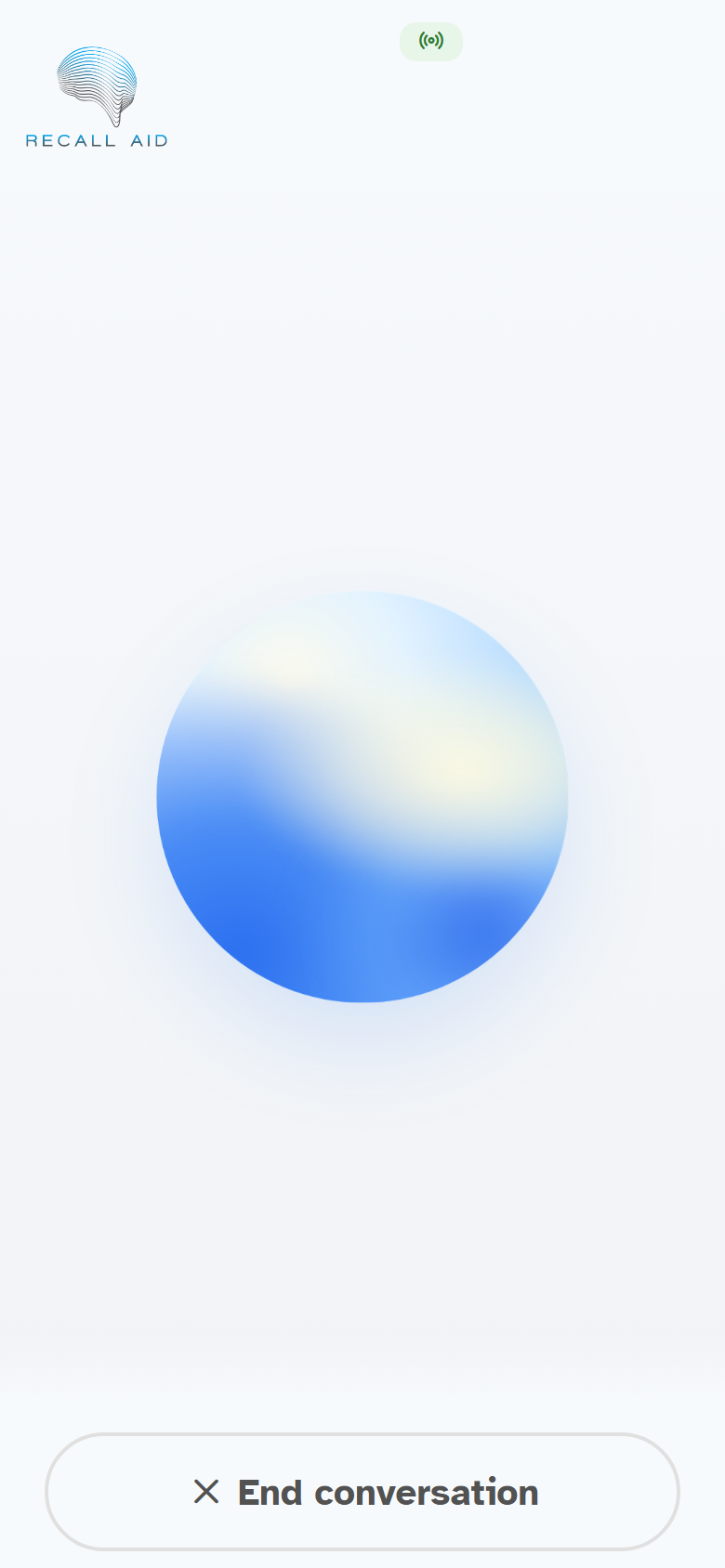 Sample screen: the AI friend. A blue orb listens as they speak.